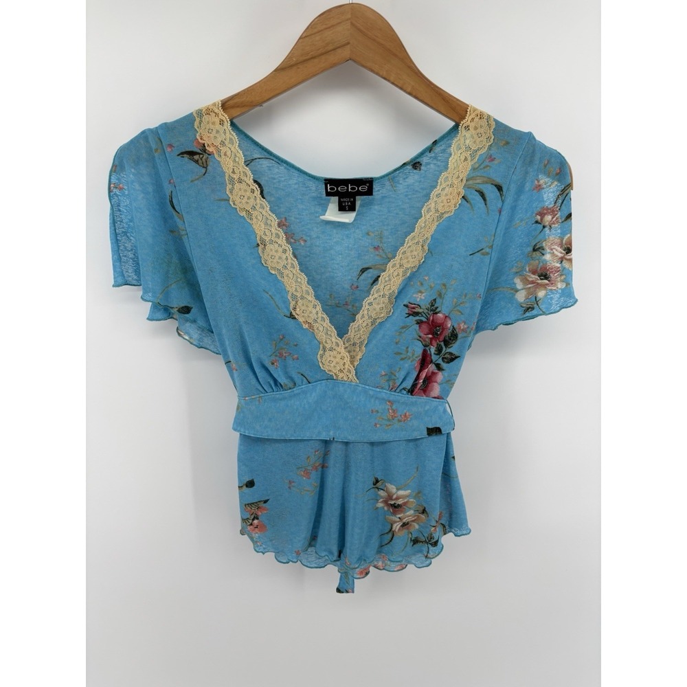 Vintage Bebe Blue Floral Lace Blouse Top Sz S Lettuce Hem Petal Sleeve Flirty